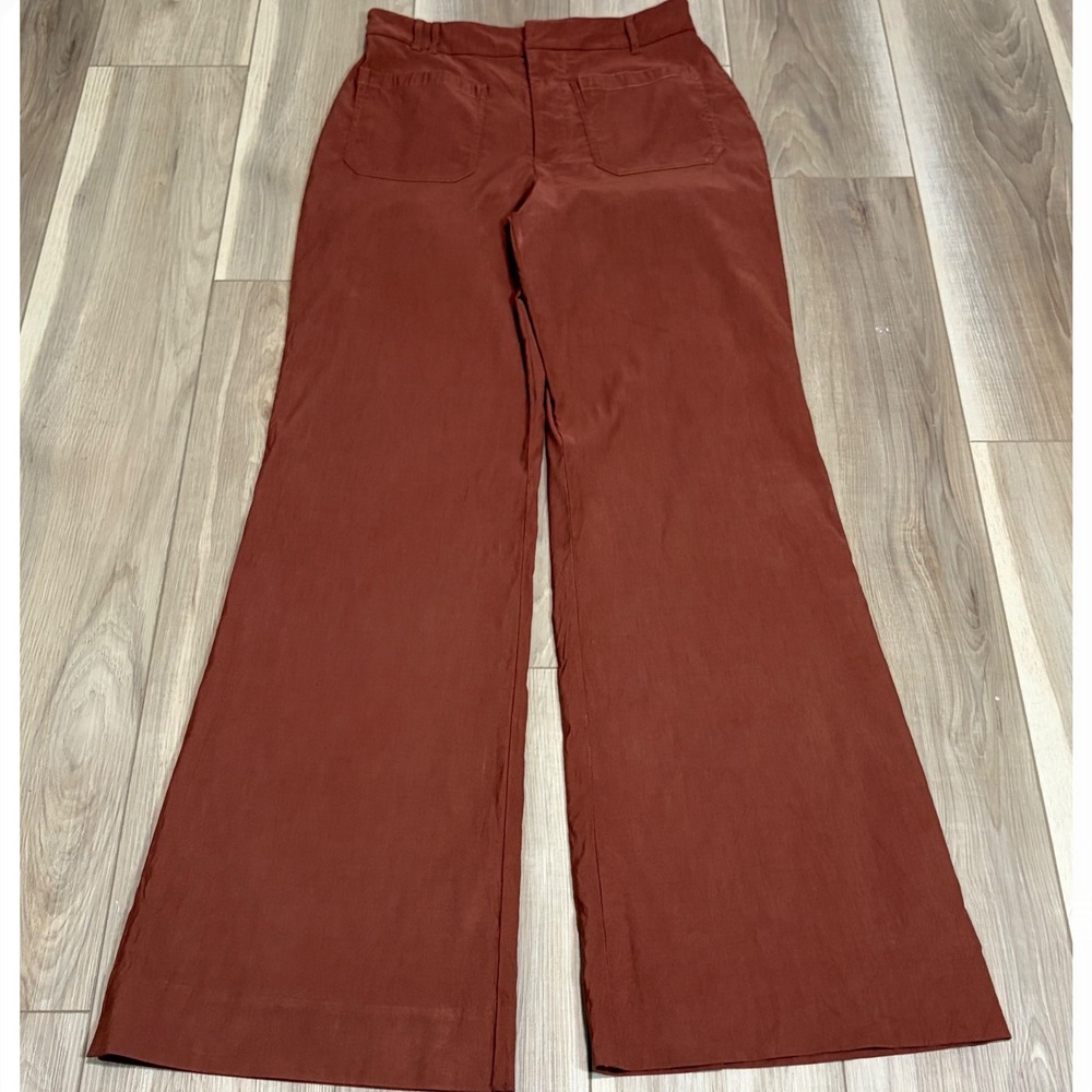 Maeve Anthropologie Rust Brown Linen Blend Wide Leg Patch Pocket Pants 10T Tall